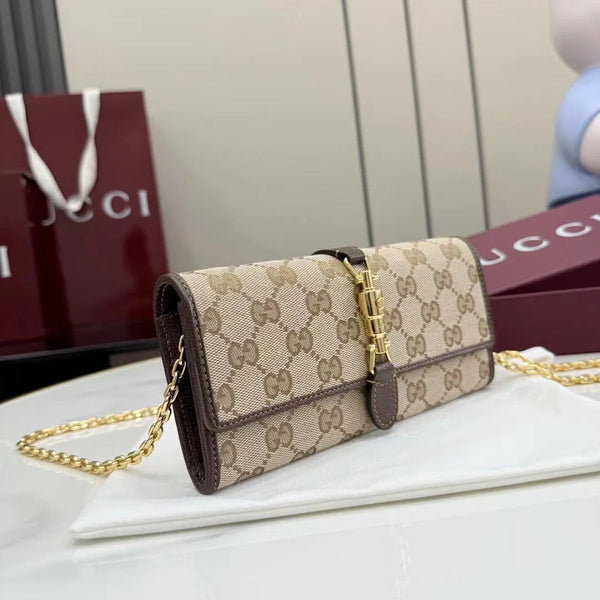 GG 2026 Jackie Wallet 19cm Brown Canvas Leather