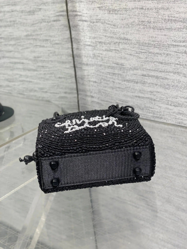 CD 2026 Lady Art Mini Bag 12cm Black Cotton Leather 352144