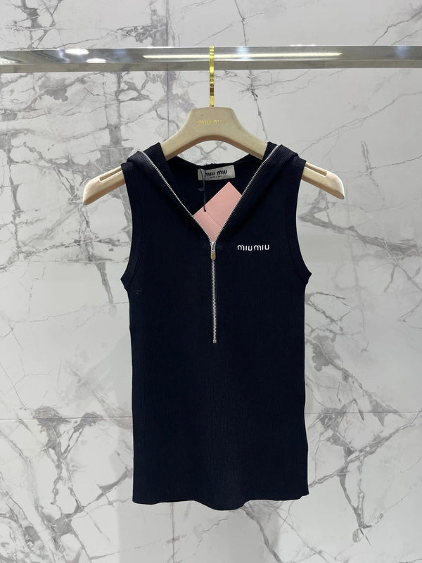 Miu 2026 Hooded Zipper Tank Top Tencel 636581