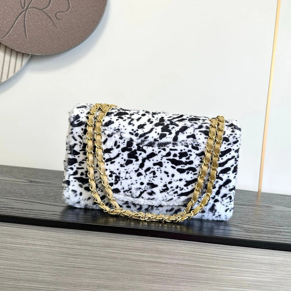 CC 2026 Leopard Print 25cm Flap Bag White Black Ponyhair Leather