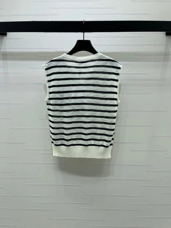 CC 2026 Color-blocked Striped V-neck Vest Black Cream Cotton 380675