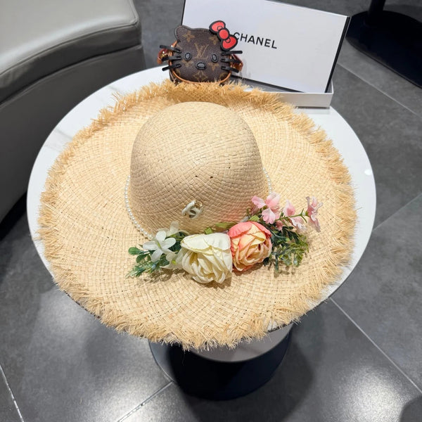 CC Flower Raffia Straw Wide-brimmed Hat 400708