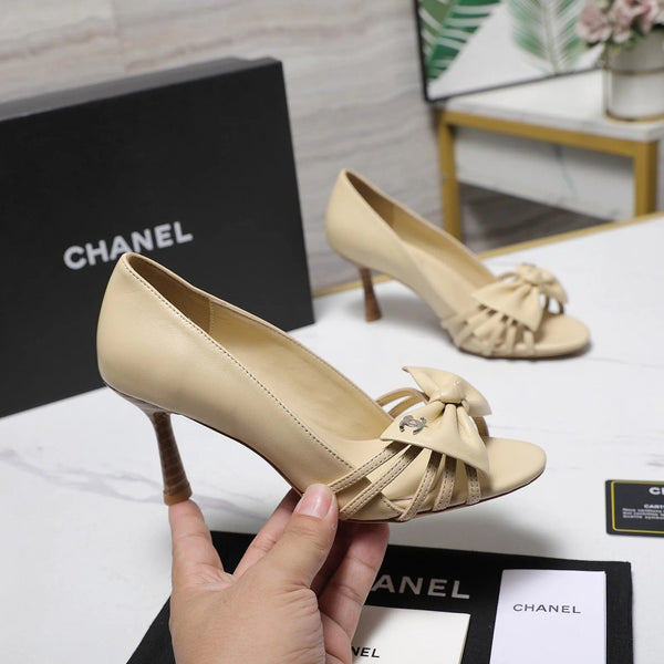 CC 2026 Bow Strappy High-Heeled Peep Toe Sandals Beige Cowhide 758432