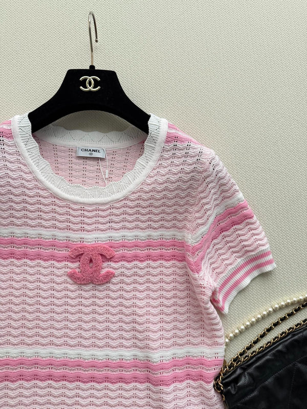 CC 2026 Striped Short-sleeved Shirt Pink White Wool