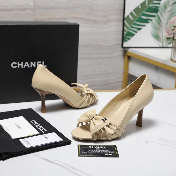 CC 2026 Bow Strappy High-Heeled Peep Toe Sandals Beige Cowhide 758432