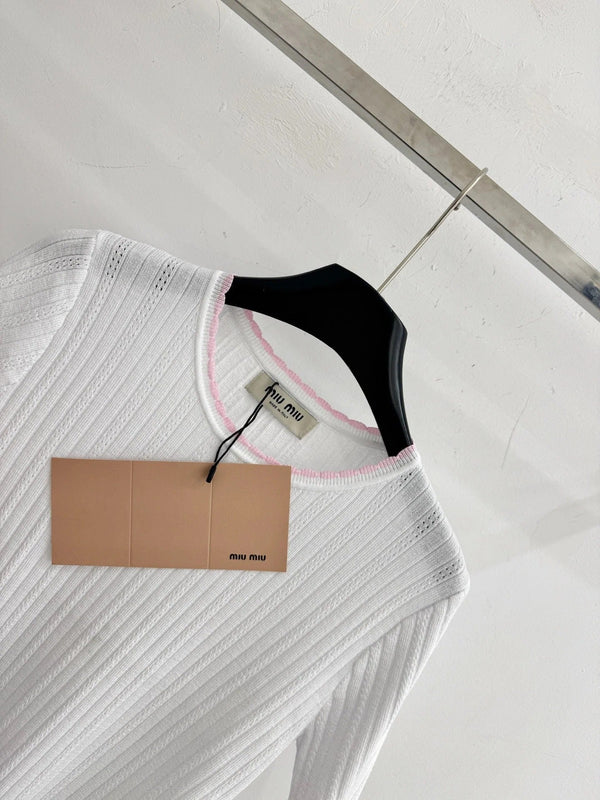 Haut à manches courtes en maille à bordure rose Miumiu 2026 Tencel Nylon 179459