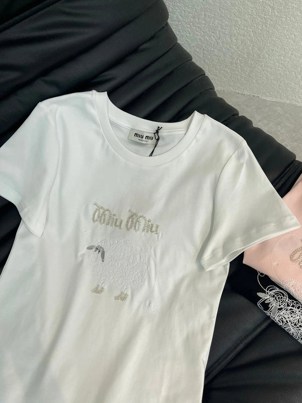 T-shirt Miumiu 2026 en coton brodé mouton manches courtes 343442