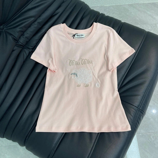T-shirt Miumiu 2026 en coton brodé mouton manches courtes 343442