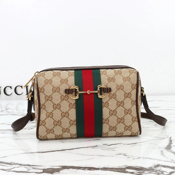GG 2026 Horsebit Web Camera Bag 22cm Sand mix Brown Canvas Leather