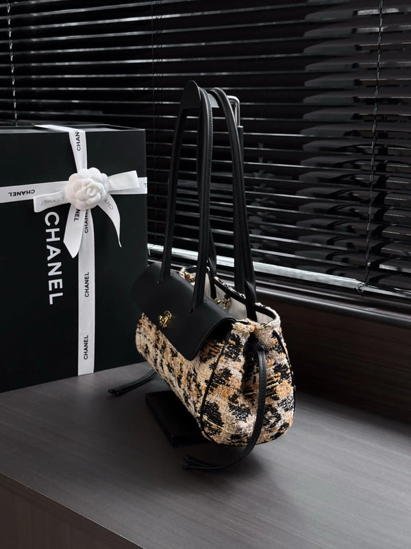 CC 2026 Leopard Print Baguette Bag Tweed Leather