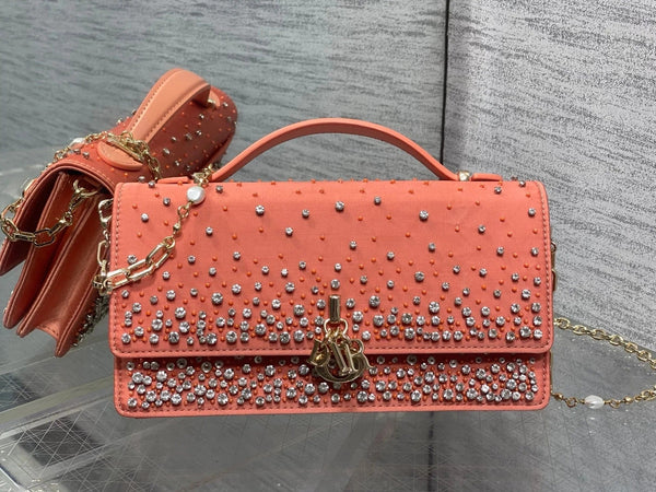 CD 2026 Crystal Embellishments Lady Bag 24cm Coral Orange Leather 355276