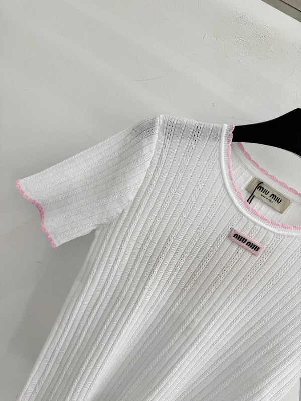 Haut à manches courtes en maille à bordure rose Miumiu 2026 Tencel Nylon 179459