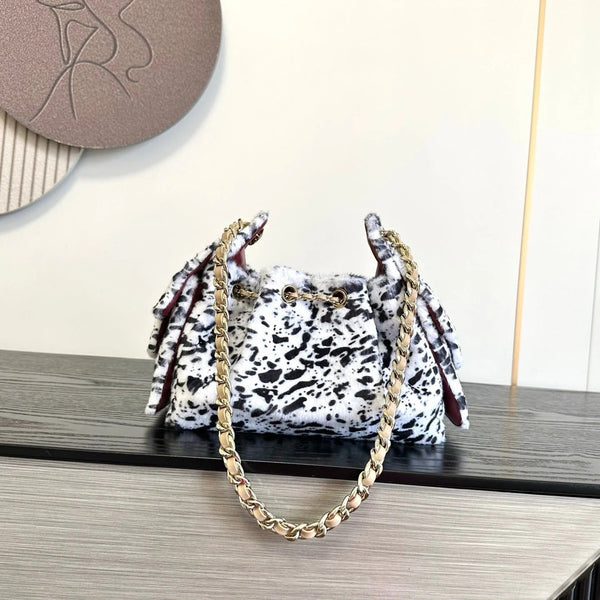 CC 2026 Leopard Print Hobo Bag 22cm White Black Ponyhair Leather