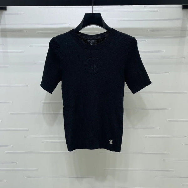 Chanel 2026 T-Shirt à manches courtes en cachemire et maille ras du cou Double C 363394