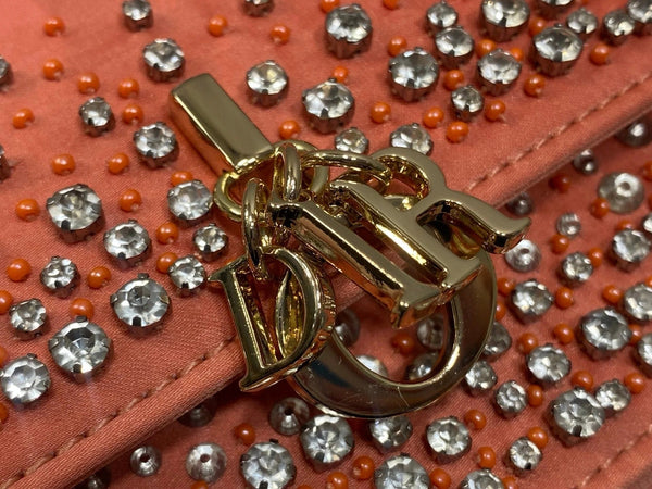 CD 2026 Crystal Embellishments Lady Bag 24cm Coral Orange Leather 355276
