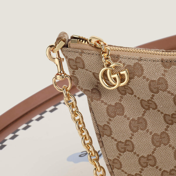 GG 2026 Lady Lunetta Chain Shoulder Bag 25cm Brown Canvas Leather