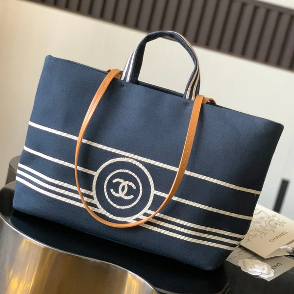 CC 2026 Border Tote Bag 30CM Blue Brown Denim Canvas Leather