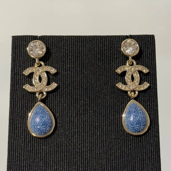 Boucles d'oreilles en jean pendentif en forme de goutte d'eau à double C en diamant rond doré clair CC 2026
