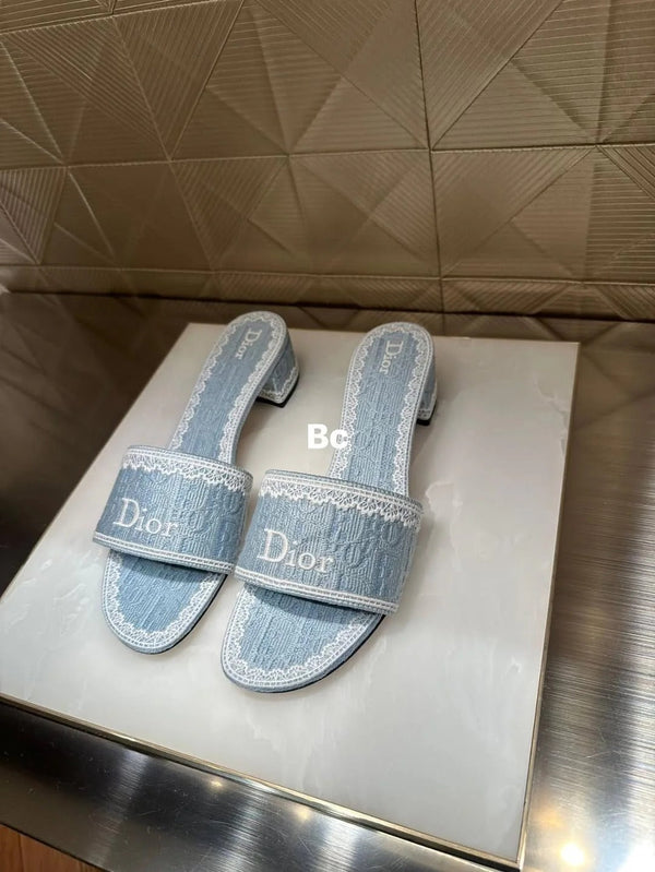 Dior2026 Dentelle Heeled Slide 3.5cm Sky Blue Dior Oblique Embroidered Cotton and White Lace