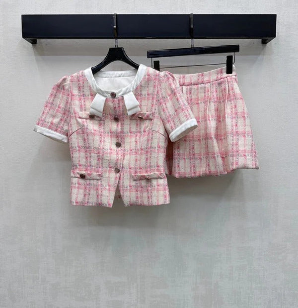 Chanel 2026 Plaid Set Pink White Polyester 314958
