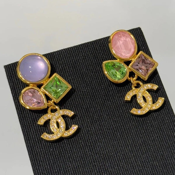 Boucles d'oreilles style perle de verre AB double C, diamantées, dorées, gemmes, collection CC 2026