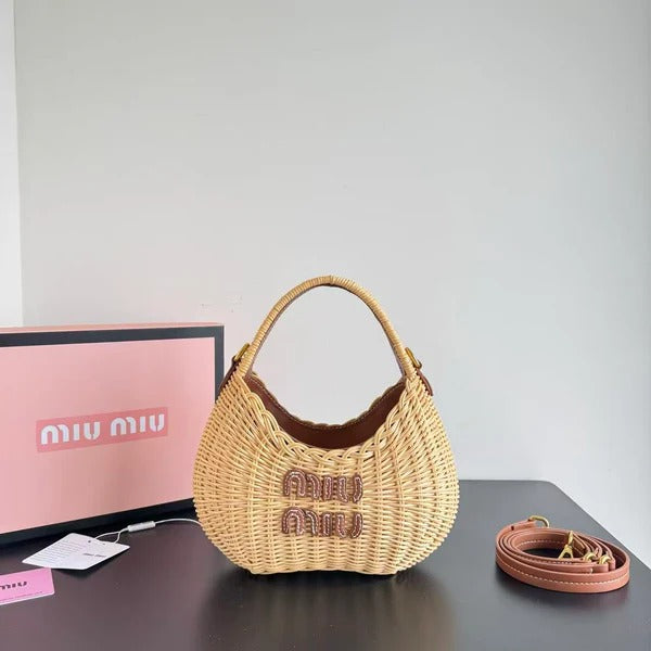 MIU MIU Wander Wicker Hobo Bag in Tan Raffia
