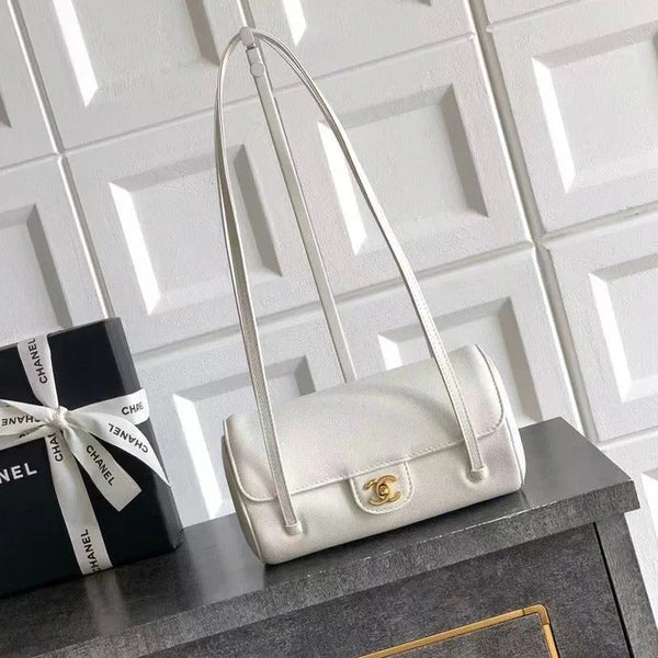 Chanel 2026 Bowling Ball Cylinder Bag White Caviar Leather