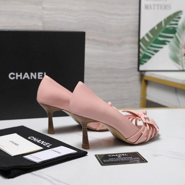 CC 2026 Bow Strappy High-Heeled Peep Toe Sandals Pink Cowhide 758433