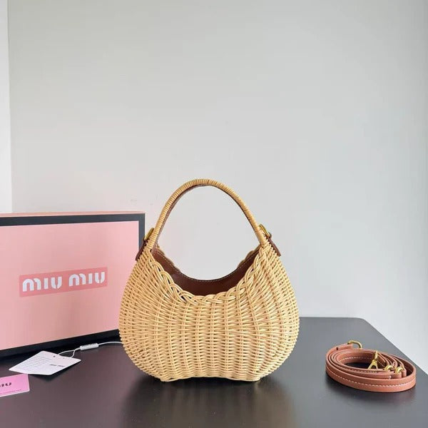 MIU MIU Wander Wicker Hobo Bag in Tan Raffia
