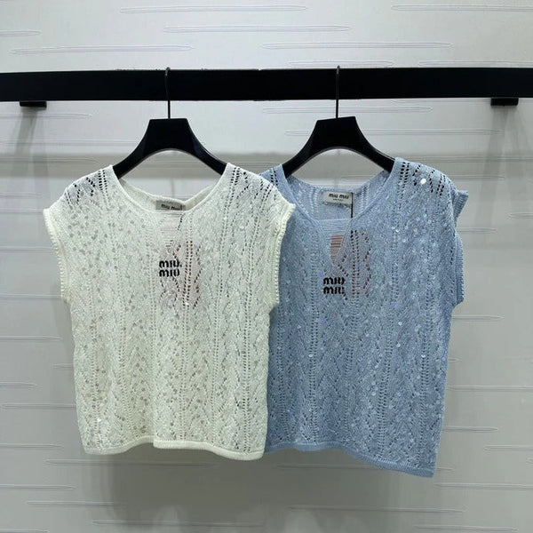 Miu 2026 Sequined Openwork Knit Short-Sleeve Top Wool 375034