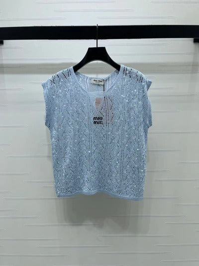 Miu 2026 Sequined Openwork Knit Short-Sleeve Top Wool 375034