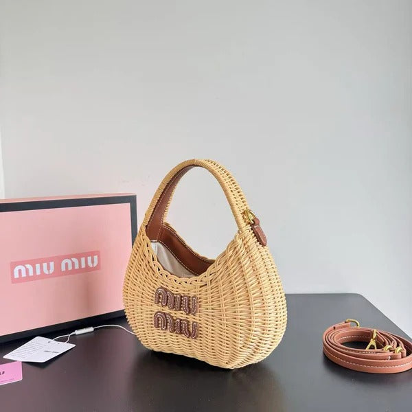 MIU MIU Wander Wicker Hobo Bag in Tan Raffia