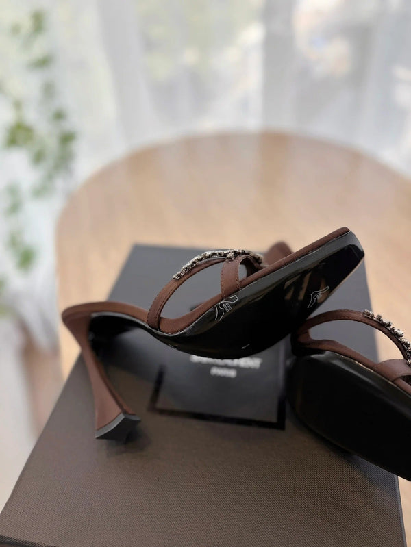 Saint Laurent 2025 Liz 110mm Sandal Brown Satin With Crystal Embellishments