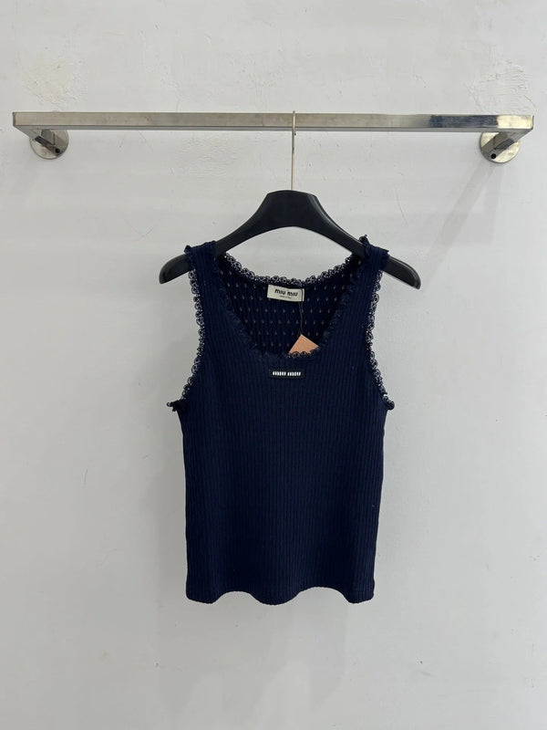 Miumiu 2026 Top à manches courtes en maille bordée de dentelle Tencel Laine 179450