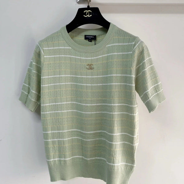 T-shirt manches courtes Chanel 2026 Vert Blanc Cachemire Laine 149440