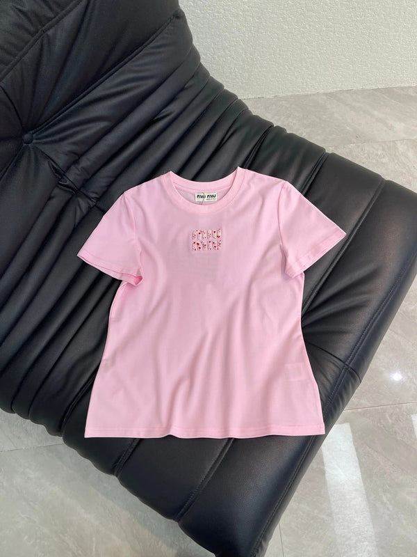 T-shirt en coton Miumiu 2026 à manches courtes brodé cœur 345844