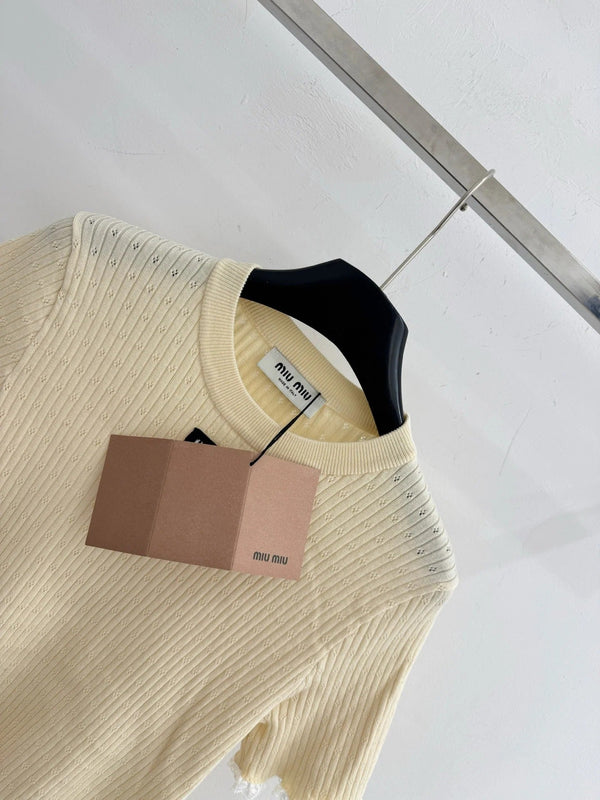 Miumiu 2026 Haut tricoté à manches courtes orné de dentelle Tencel Laine 179453