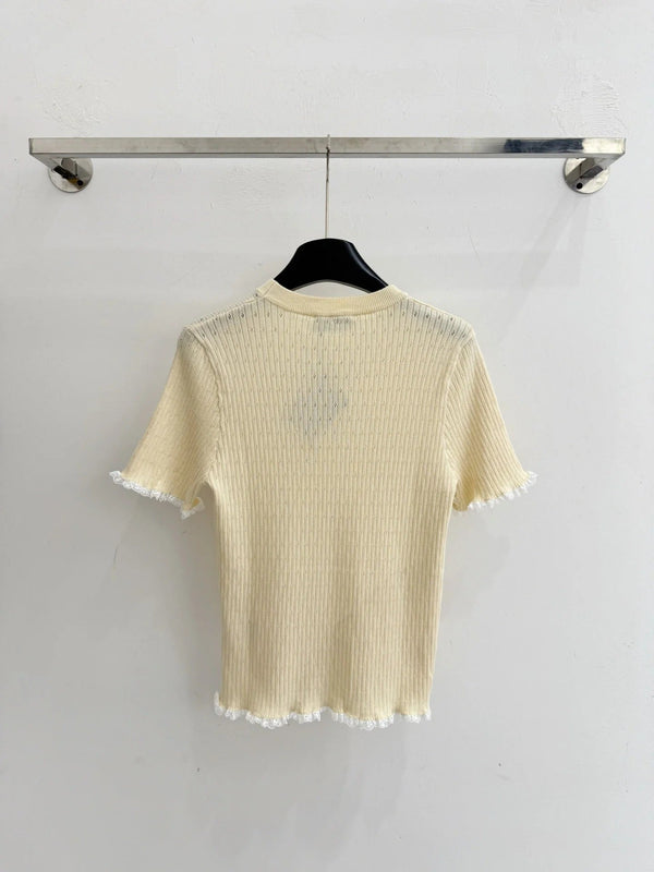 Miumiu 2026 Haut tricoté à manches courtes orné de dentelle Tencel Laine 179453