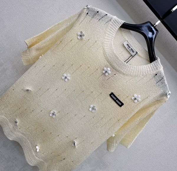 Miu 2026 Embroidered Short-Sleeve Knitwear Wool Polyester 374868