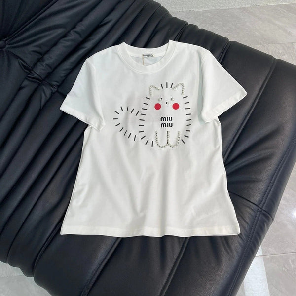 Miumiu 2026 T-shirt Manches Courtes en Coton Perlé Imprimé Chats et Résistant 343406
