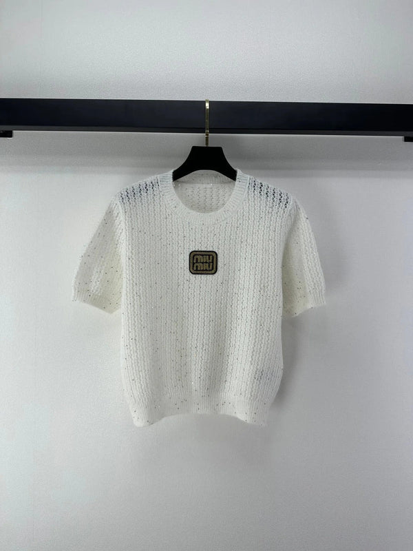 Miumiu 2026 Sequined Knit Short-sleeved Top Wool Polyester 362383