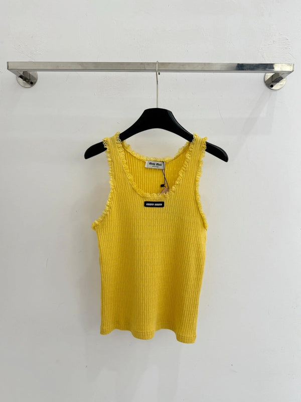 Miumiu 2026 Top à manches courtes en maille bordée de dentelle Tencel Laine 179450
