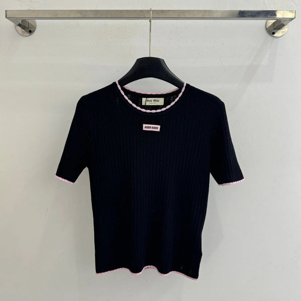 Haut à manches courtes en maille à bordure rose Miumiu 2026 Tencel Nylon 179459
