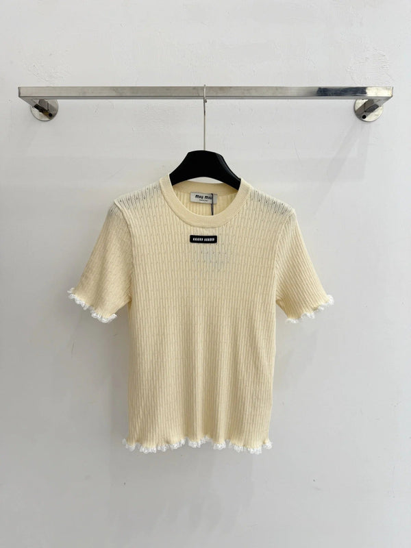 Miumiu 2026 Haut tricoté à manches courtes orné de dentelle Tencel Laine 179453