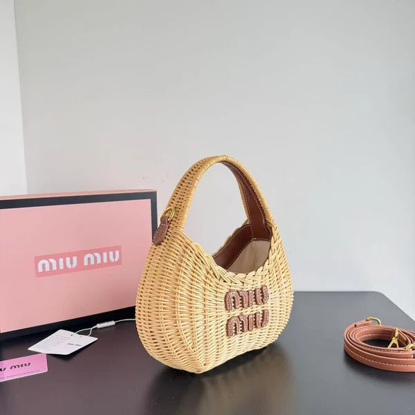MIU MIU Wander Wicker Hobo Bag in Tan Raffia