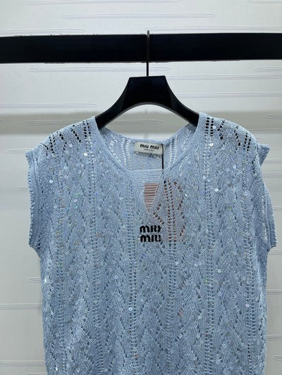 Miu 2026 Sequined Openwork Knit Short-Sleeve Top Wool 375034
