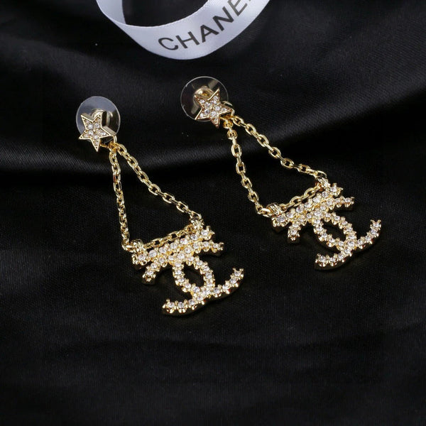 CC Pendant Double C Star Diamond Gold Earrings