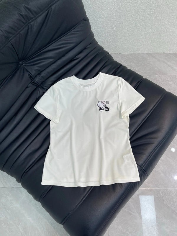 T-shirt à manches courtes brodé Miumiu 2026 Hello Kitty en coton 346491