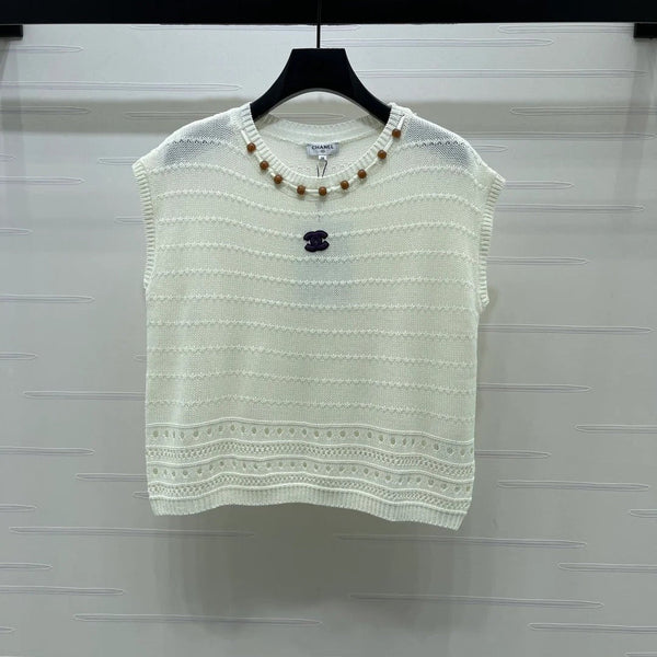 Chanel 2026 Gilet sans manches en tricot ajouré coton bleu et blanc 359840