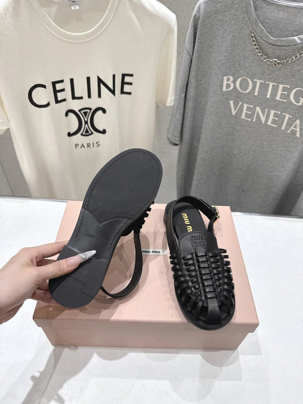 Miumiu 26ss Flat Sandals Black Woven Cowhide 713123